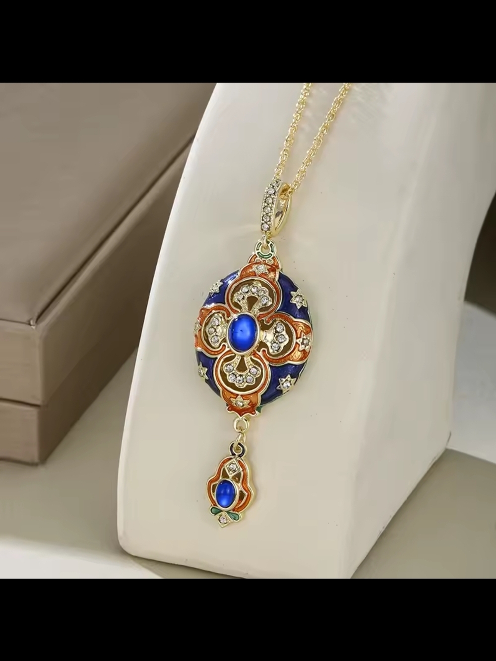 Gold-Tone Blue and Orange Enamel Pendant Necklace - Picture 5 of 6